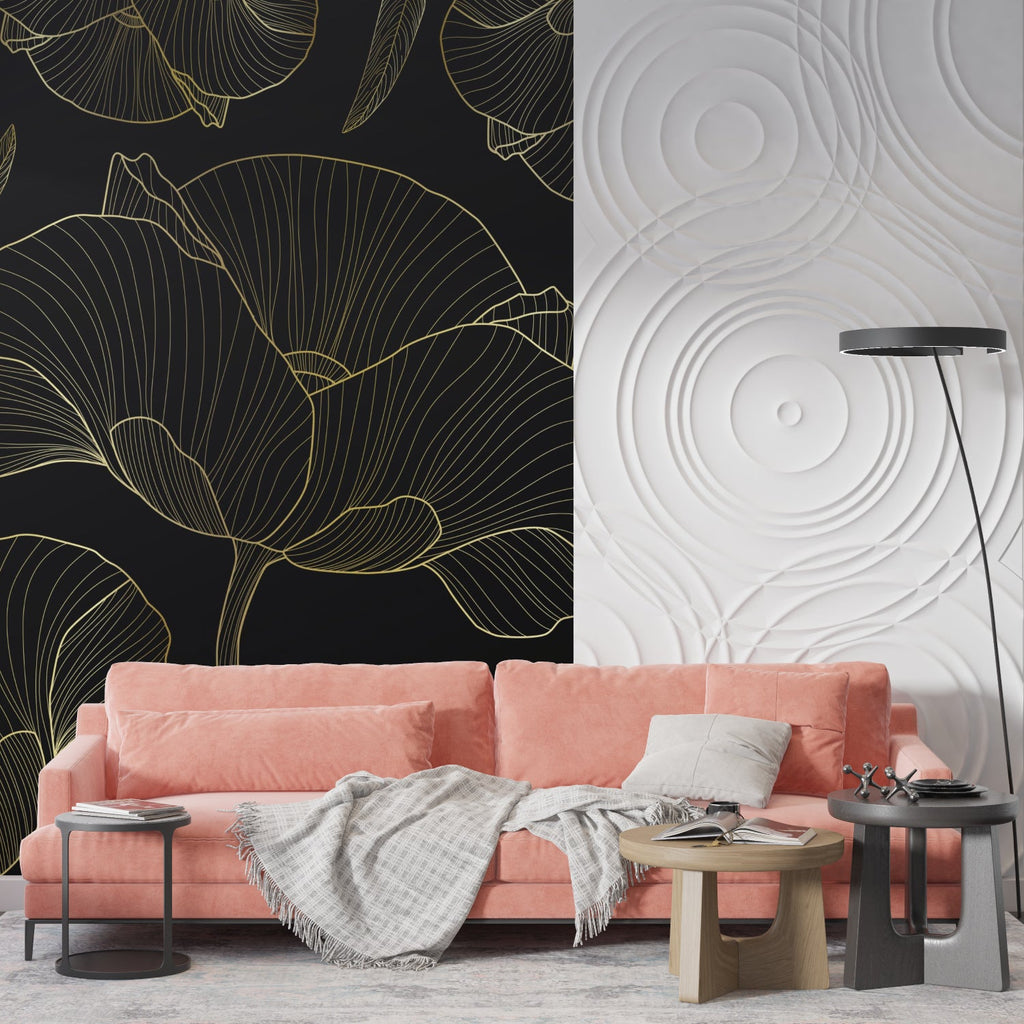Black and gold Ginkgo leaf wallpaper in master bedroom creating elegant atmosphere