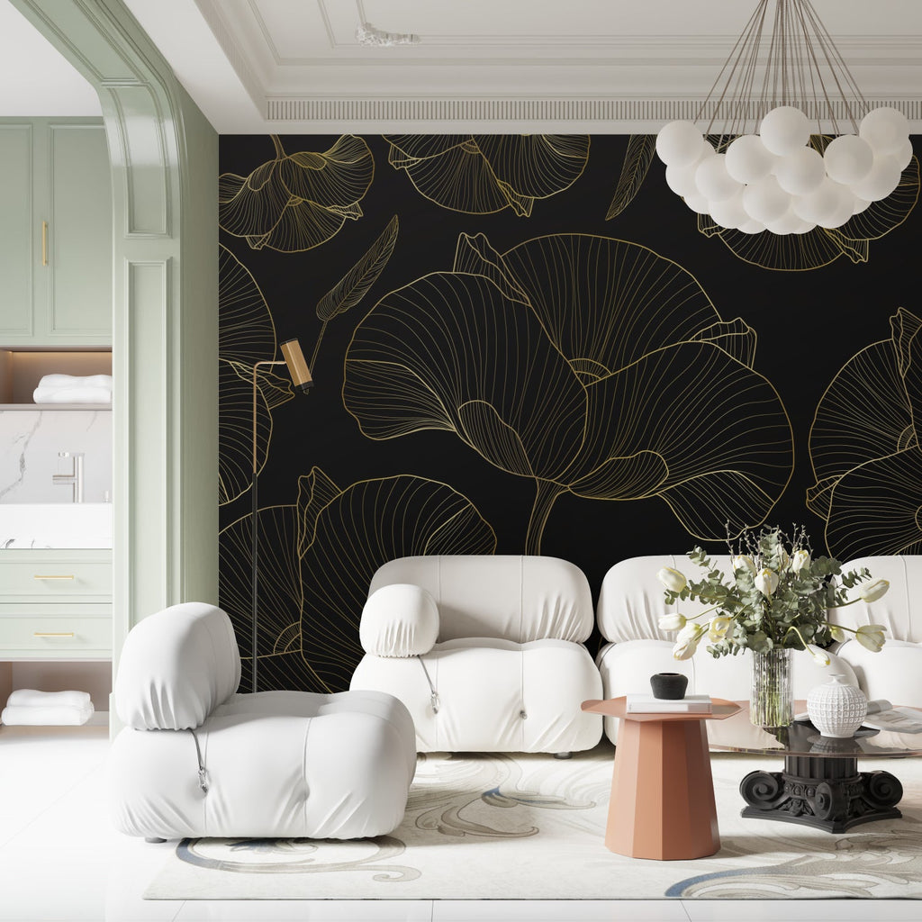 Art Deco wall mural with golden Ginkgo leaves in sophisticated home office setting