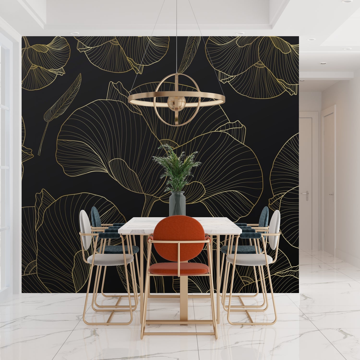 Black and gold Art Deco wallpaper creating statement wall in living room