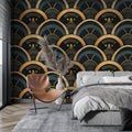 Art deco wallpaper with golden scales in modern dining room with crystal chandelier