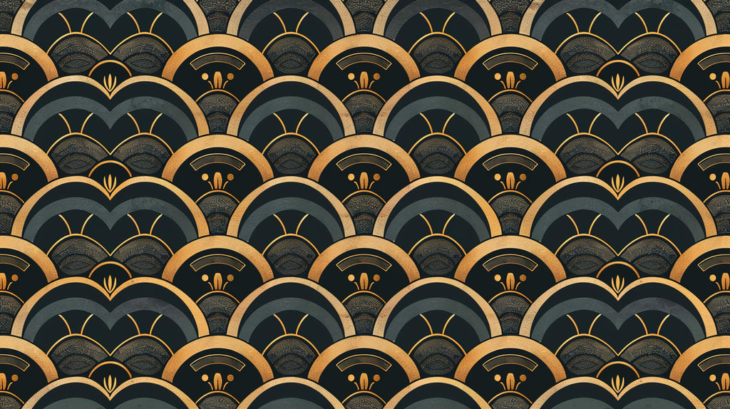 Art deco wallpaper design file showing detailed golden scales pattern on deep green background