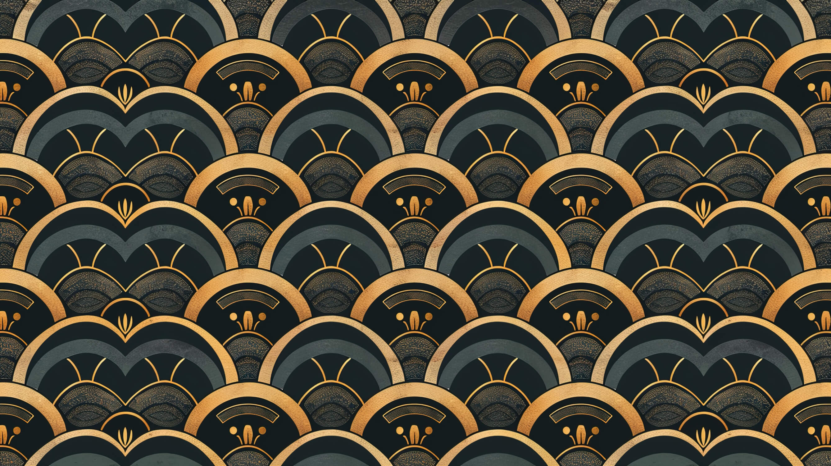 Art deco wallpaper design file showing detailed golden scales pattern on deep green background