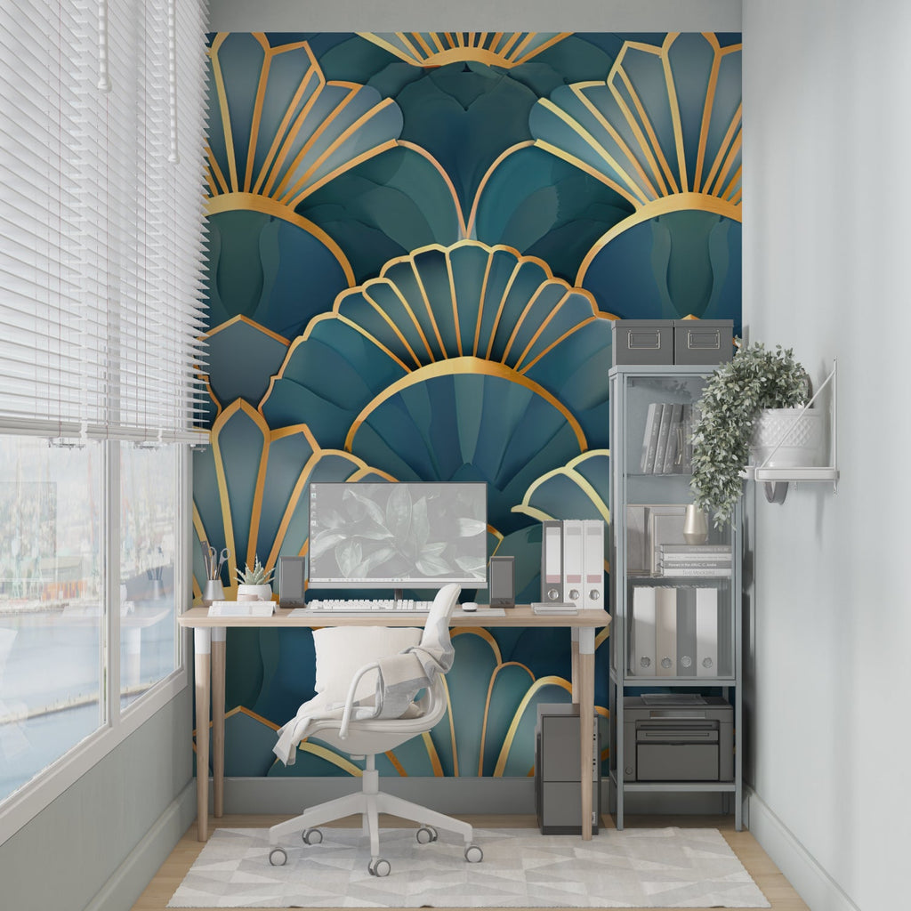 Teal and gold shell wallpaper creating luxury atmosphere in master bedroom