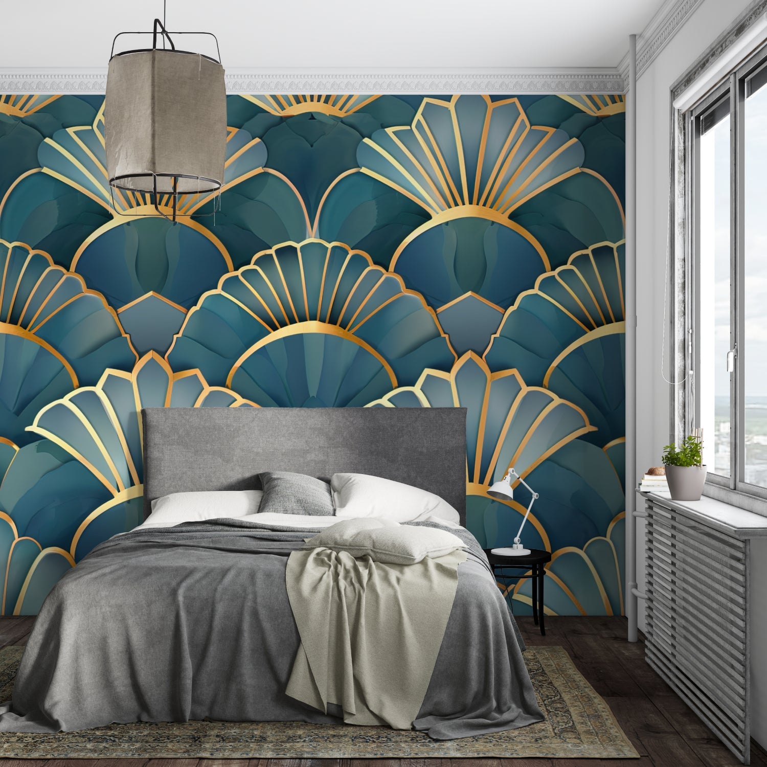 Gold shell pattern wallpaper adding elegance to home office space