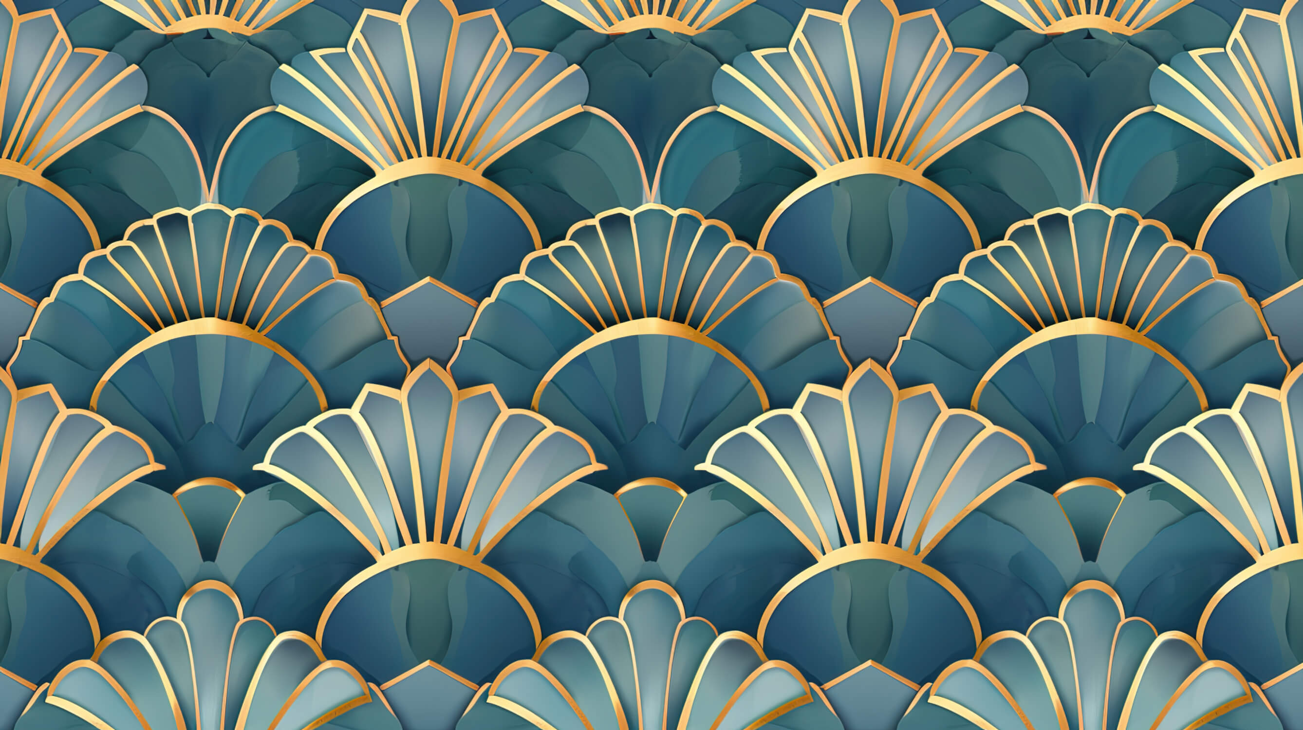 Art deco shell pattern design file showing intricate golden details on teal background