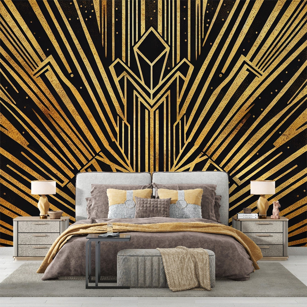 Art deco sunburst wallpaper creating dramatic impact in modern living room with gold accents catching light