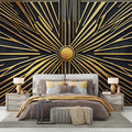 Art Deco sunburst wallpaper creating dramatic impact in a modern living room with high ceilings and pendant lighting