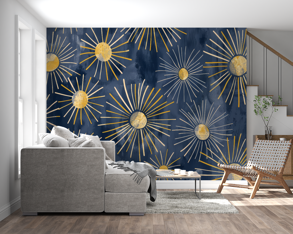 Art deco pattern transforming home office with navy and gold details