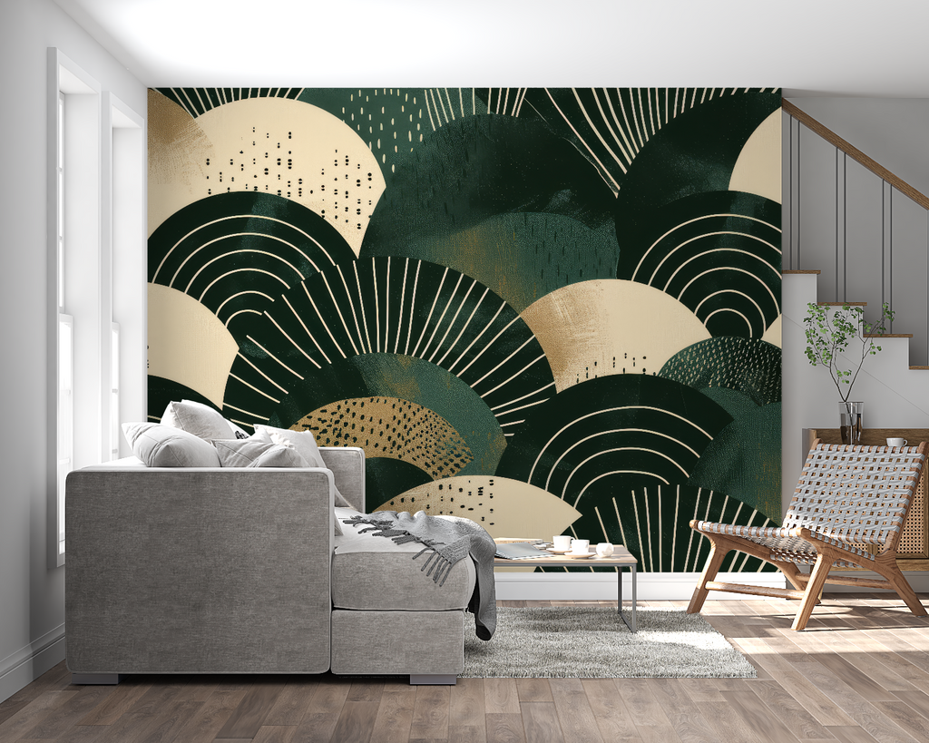 Art deco green and gold geometric wallpaper in modern dining room with pendant lights