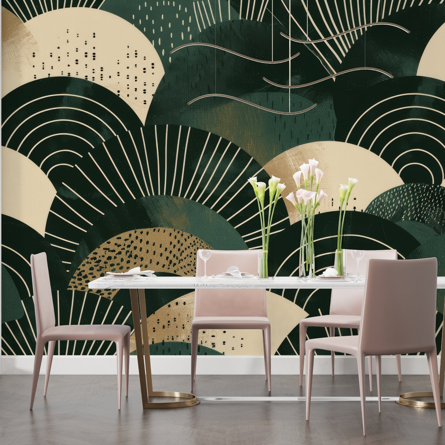 Geometric fan pattern wallpaper creating depth in home office setup