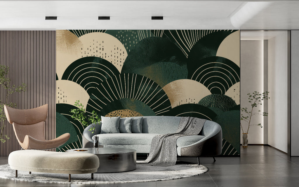 Art deco fan pattern creating statement wall in master bedroom