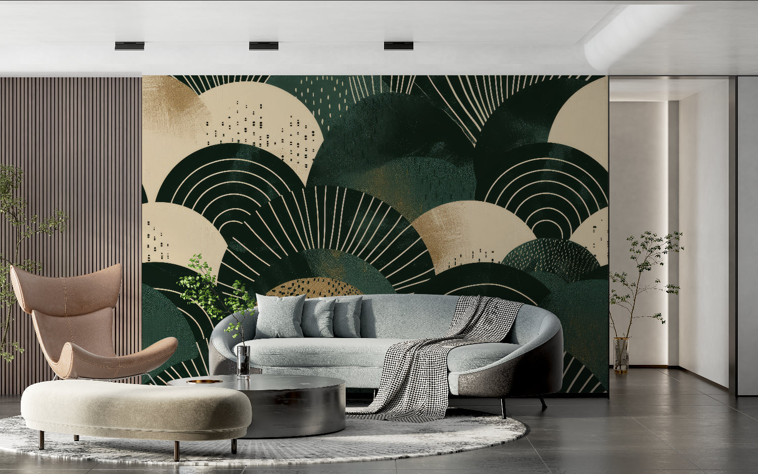 Art deco fan pattern creating statement wall in master bedroom