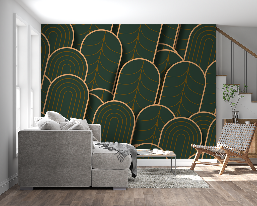 Green and gold art deco wallpaper in luxury dining room with crystal chandelier