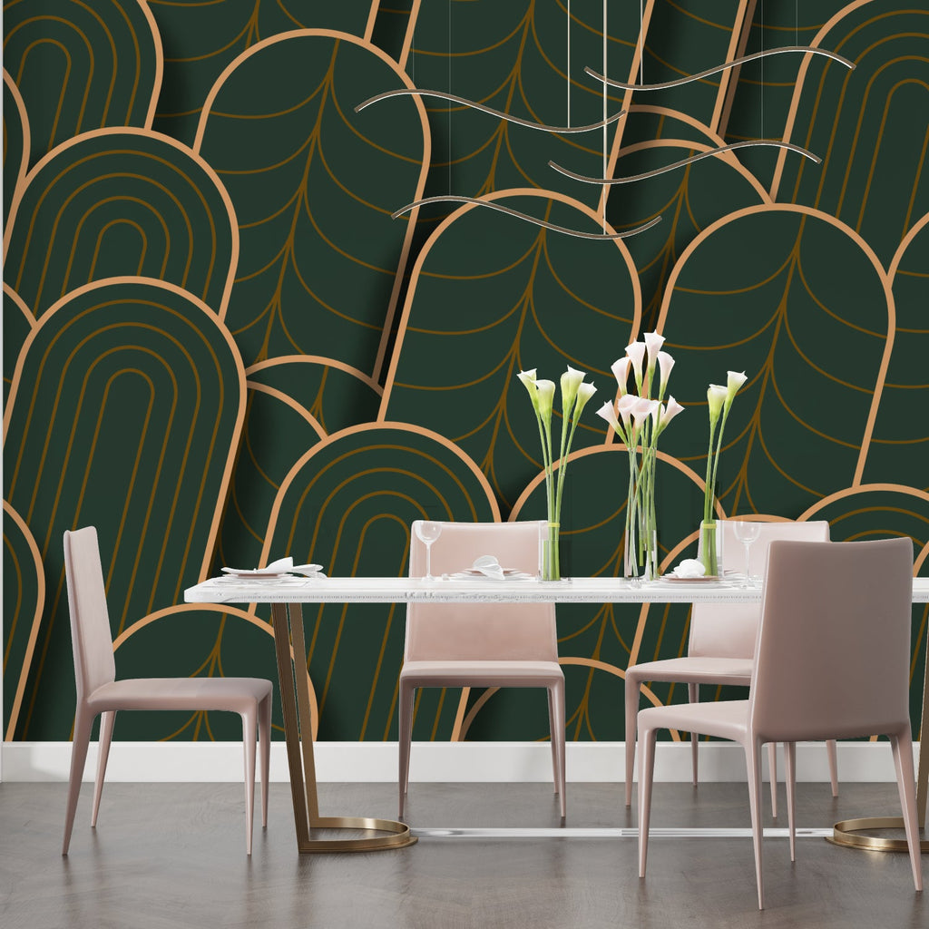 Art deco wall pattern in hotel lobby, emerald green and gold geometric design