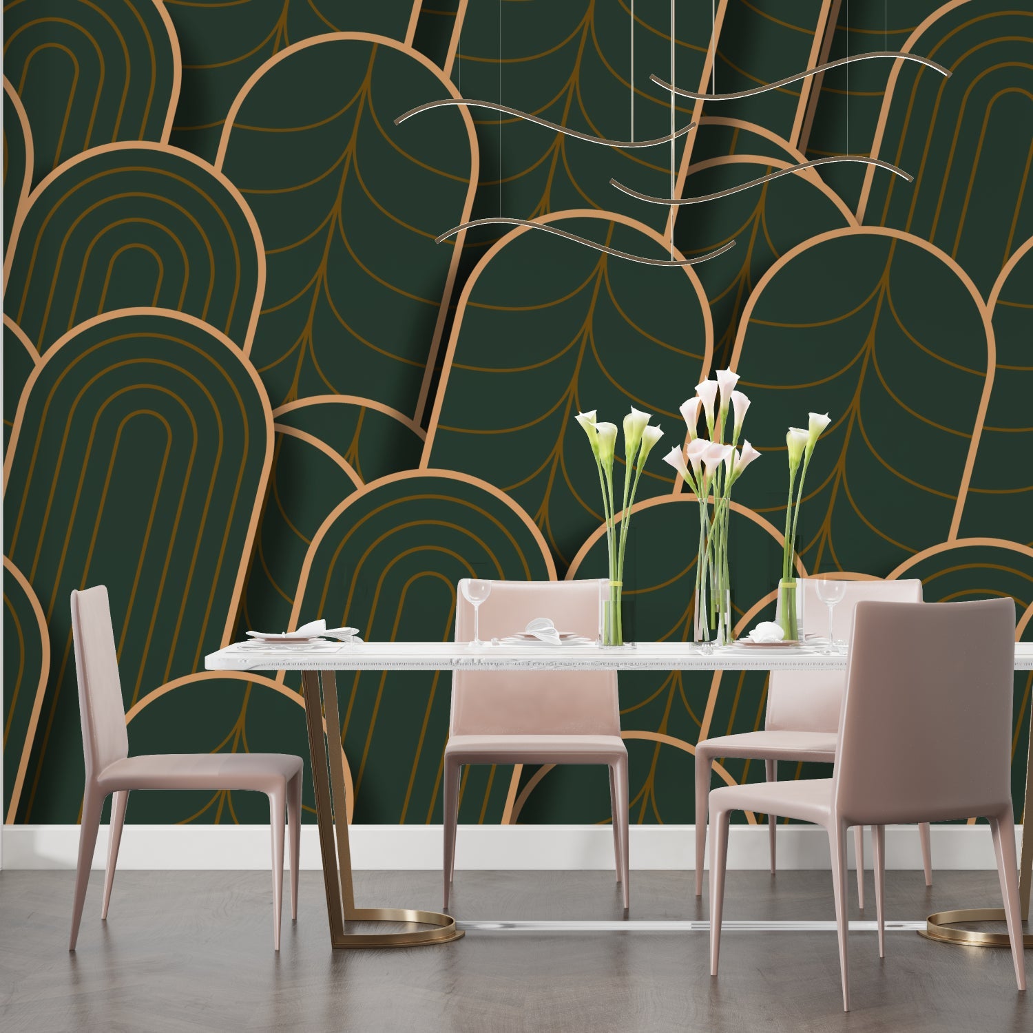 Art deco wall pattern in hotel lobby, emerald green and gold geometric design