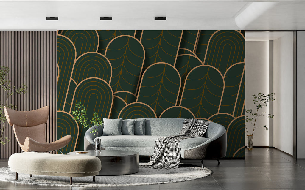 Art deco pattern in home office, green and gold geometric shapes adding sophistication