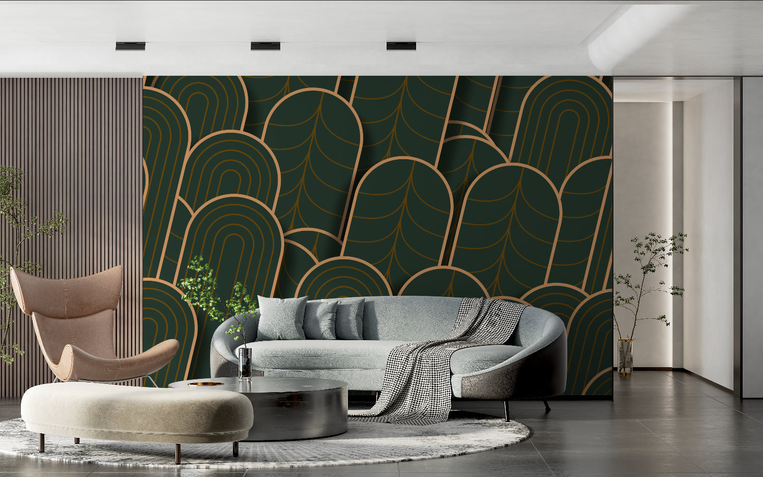Art deco pattern in home office, green and gold geometric shapes adding sophistication
