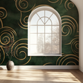 Art deco green and gold spiral wallpaper in modern dining room with crystal chandelier