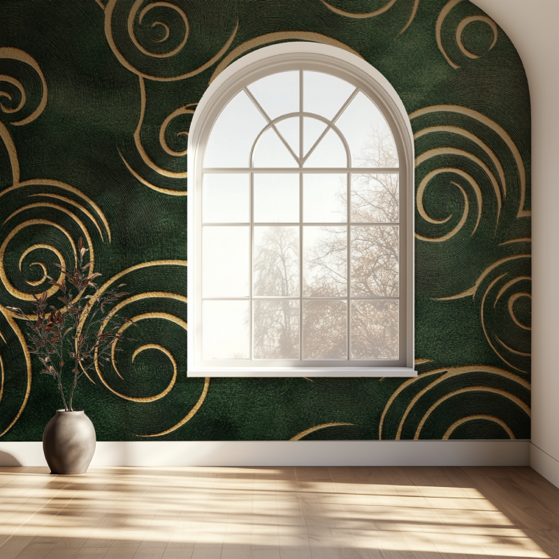 Art deco green and gold spiral wallpaper in modern dining room with crystal chandelier