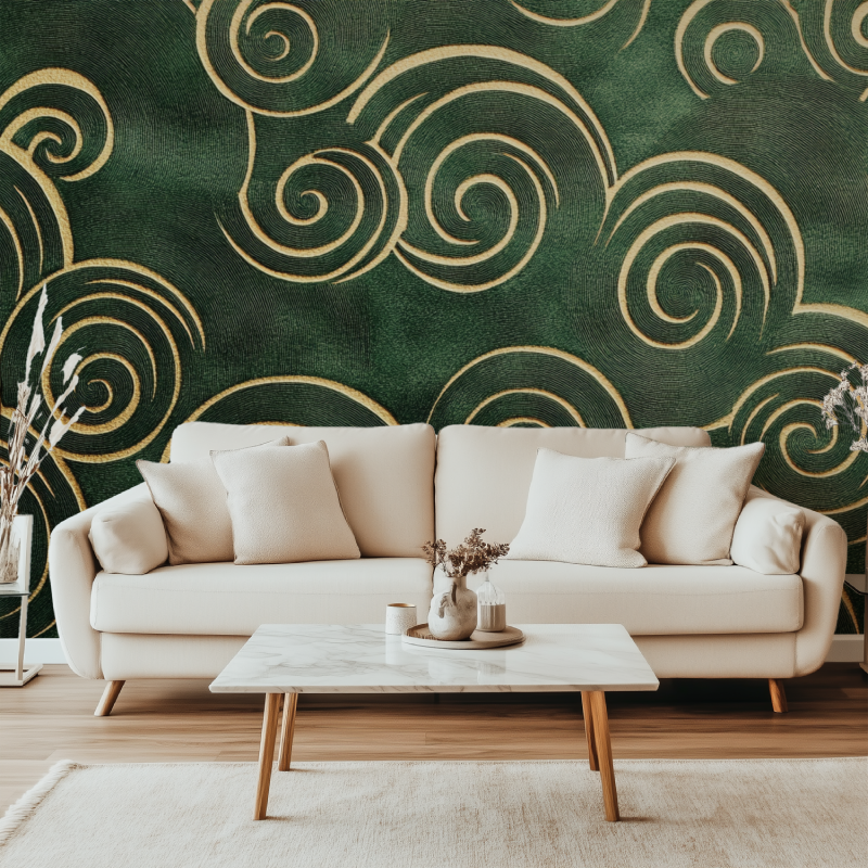 Green and gold art deco wallpaper creating luxury hotel feel in master bedroom