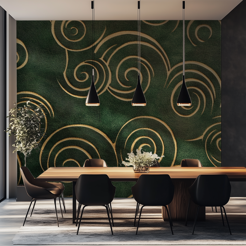 Spiral pattern art deco wallpaper making statement in home office space