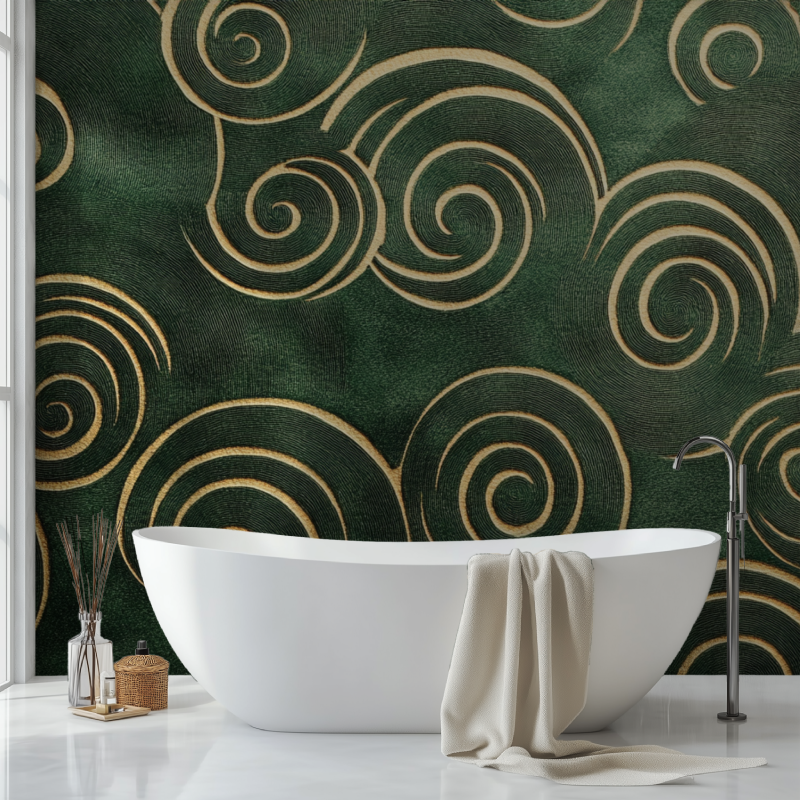 Art deco wallpaper with emerald green and gold spirals in upscale restaurant