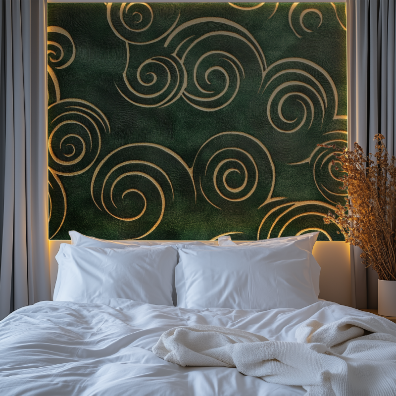 Green and gold geometric wallpaper adding drama to boutique retail space