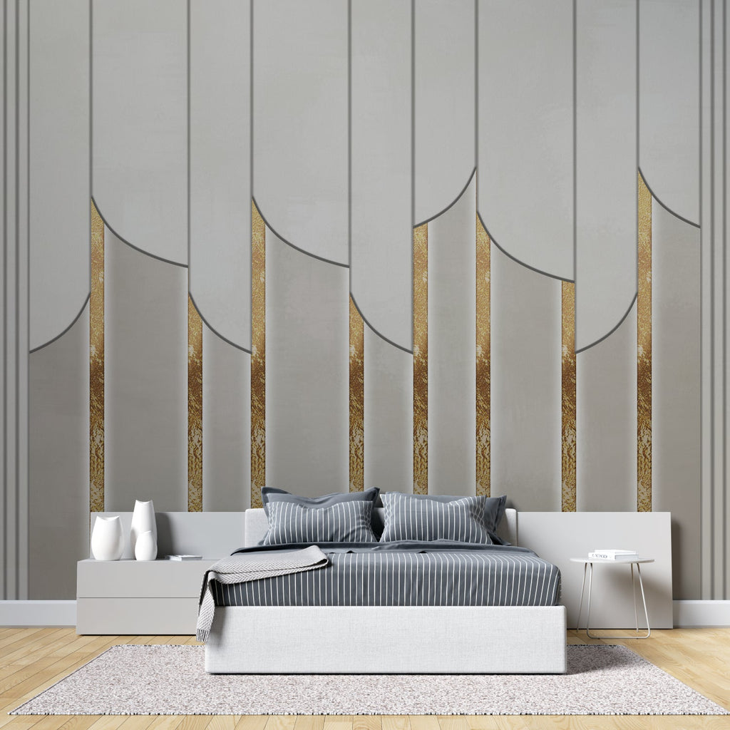 Art deco grey and gold geometric wallpaper in modern dining room with crystal chandelier