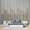 Art deco grey and gold geometric wallpaper in modern dining room with crystal chandelier
