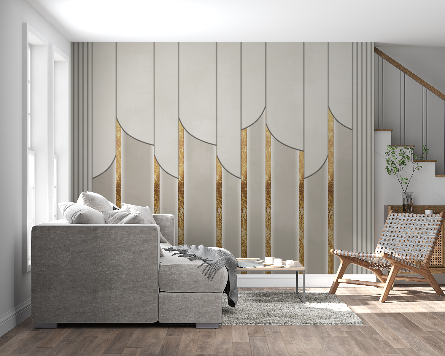 Art deco wallpaper with gold accents in contemporary living room