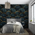 Art deco feather wallpaper in an elegant dining room with gold accents catching evening light