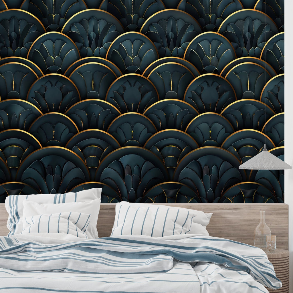Boutique hotel entrance with dramatic art deco feather wall mural in midnight blue