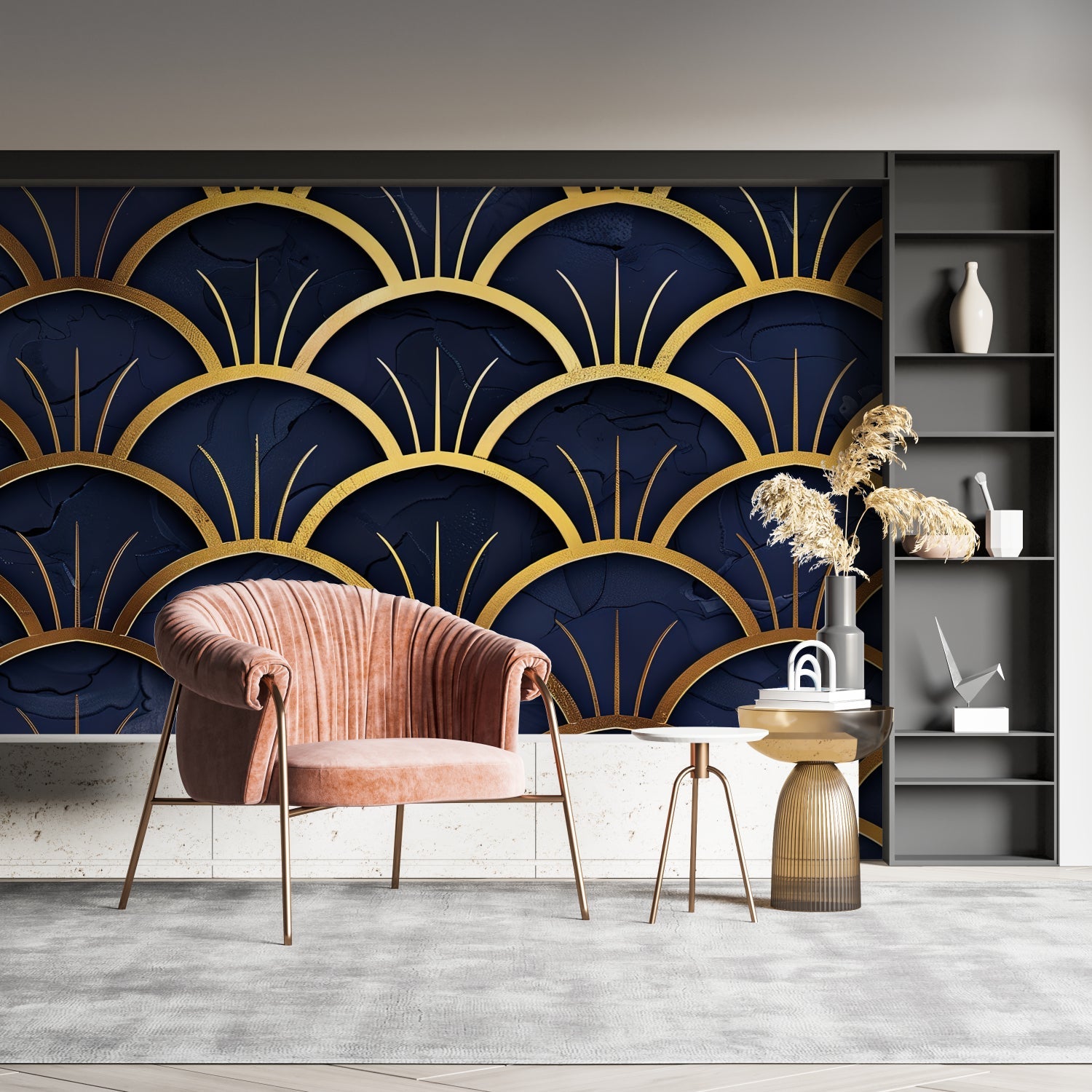 Art Deco wallpaper with gold fan design in luxury master bedroom setting