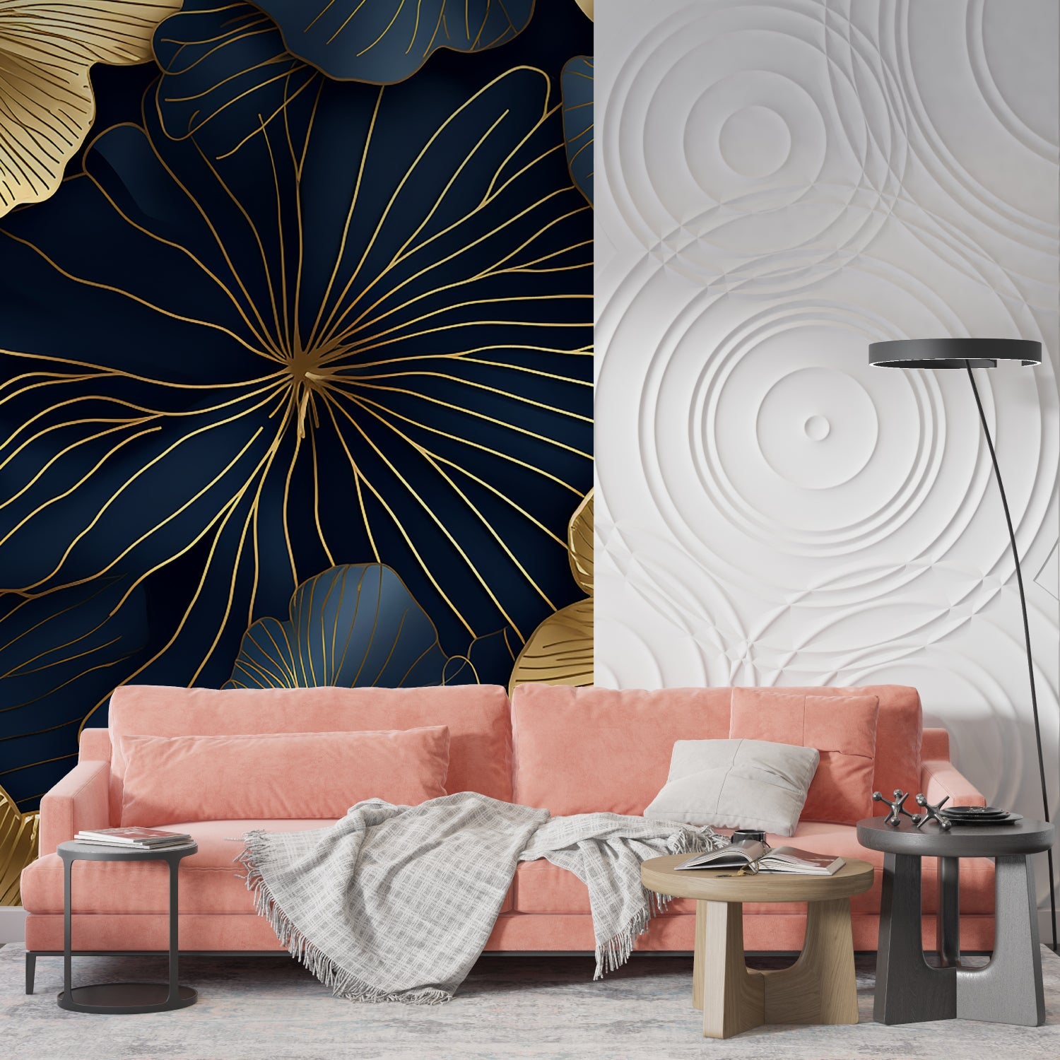 Art Deco navy and gold floral wallpaper creating drama in master bedroom