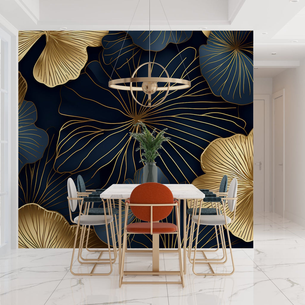 Art Deco floral pattern wallpaper enhancing luxury bathroom design