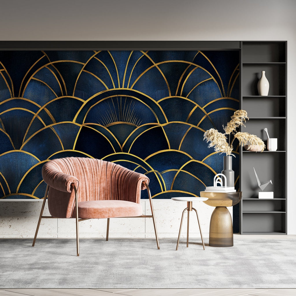Navy and gold art deco wallpaper in master bedroom showing geometric fan pattern