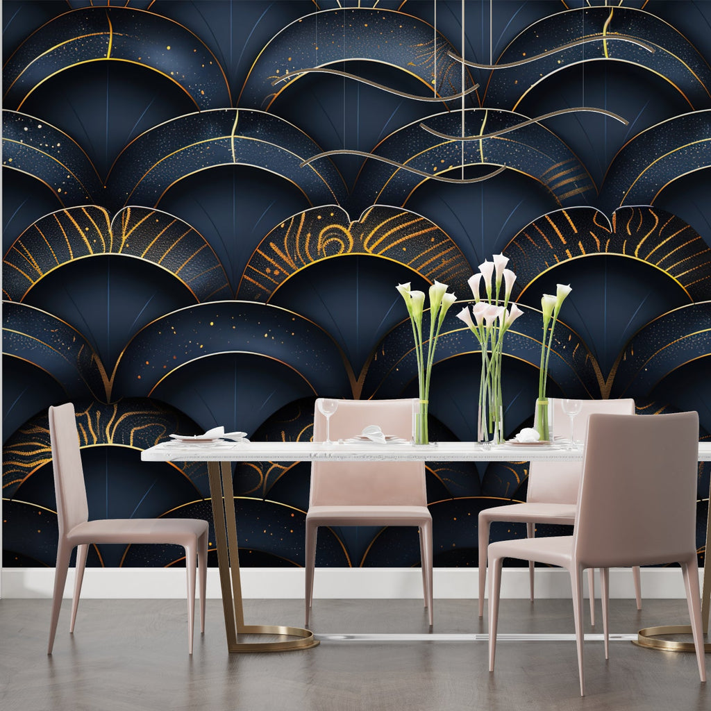 Geometric art deco pattern wallpaper adding luxury to master bedroom