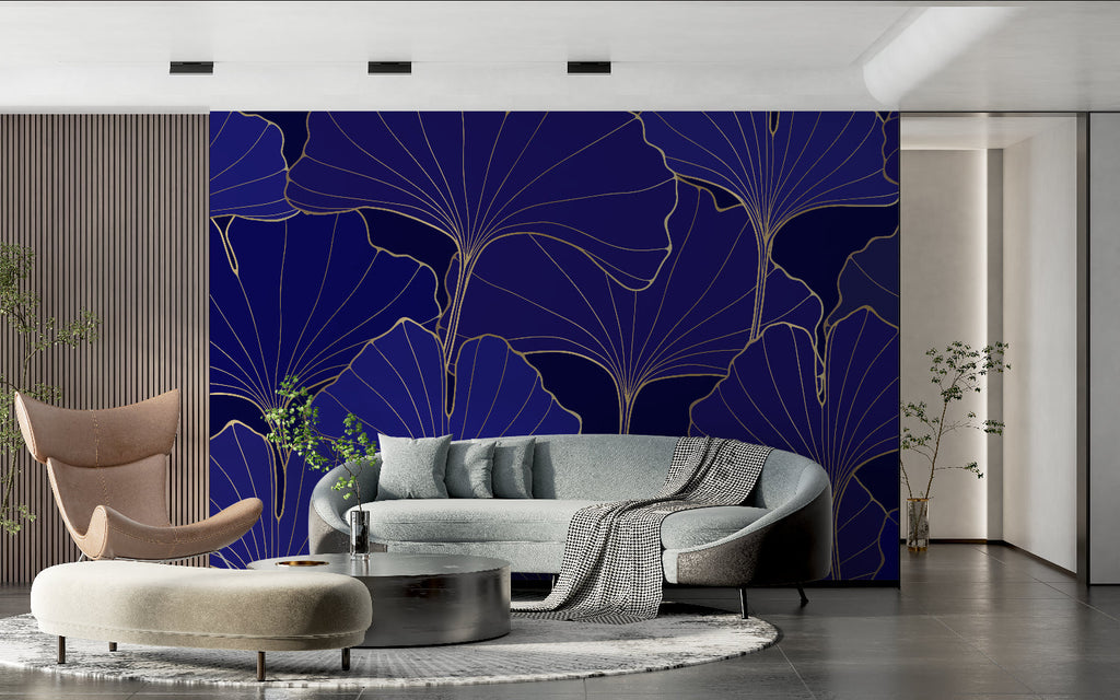 Gold ginkgo leaves wallpaper bringing luxury to master bedroom with deep navy background