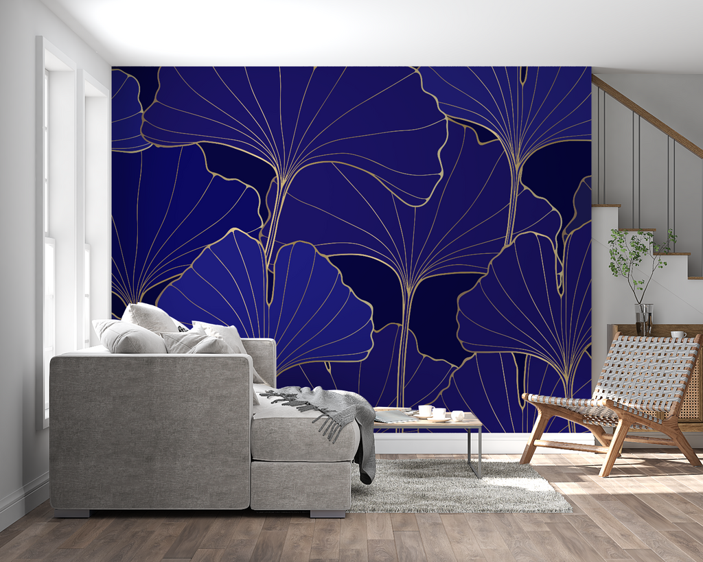 Art Deco ginkgo pattern mural in dining room showing scale and sophistication