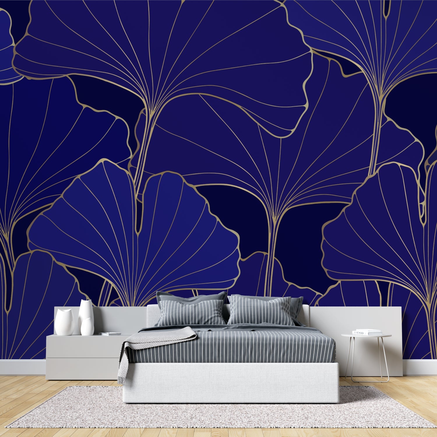Navy blue and gold wallpaper adding elegance to home office space