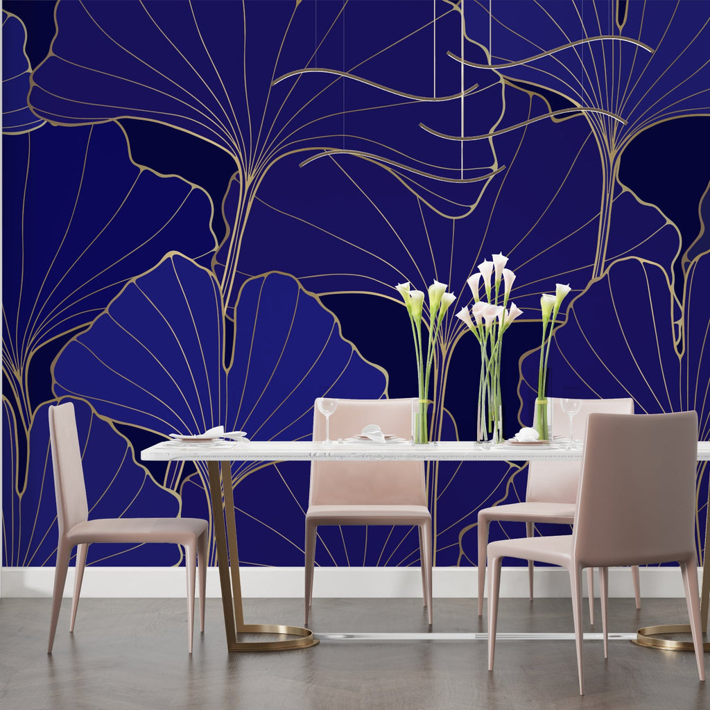 Ginkgo leaves pattern creating stunning feature wall in hotel lobby
