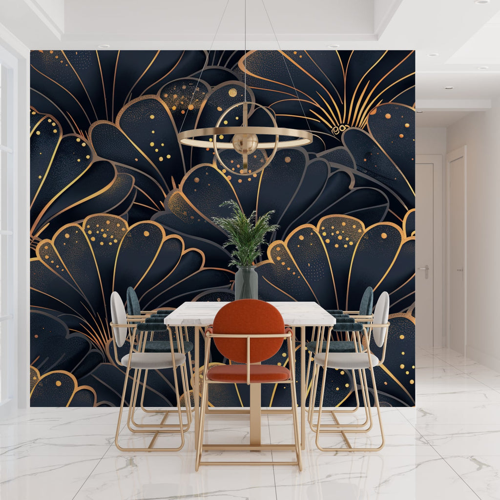 Shell pattern Art Deco wallpaper creating dramatic effect in hallway