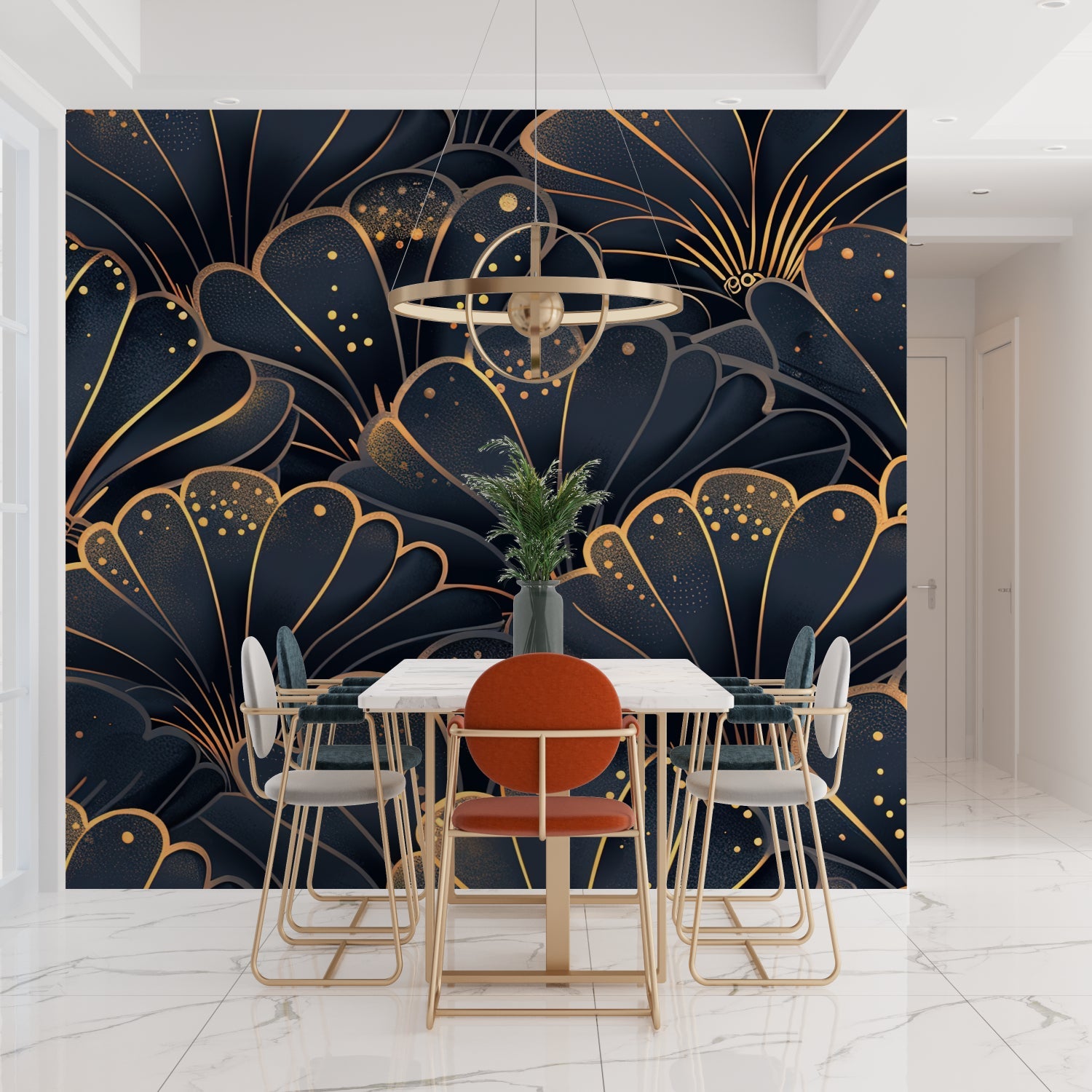 Shell pattern Art Deco wallpaper creating dramatic effect in hallway