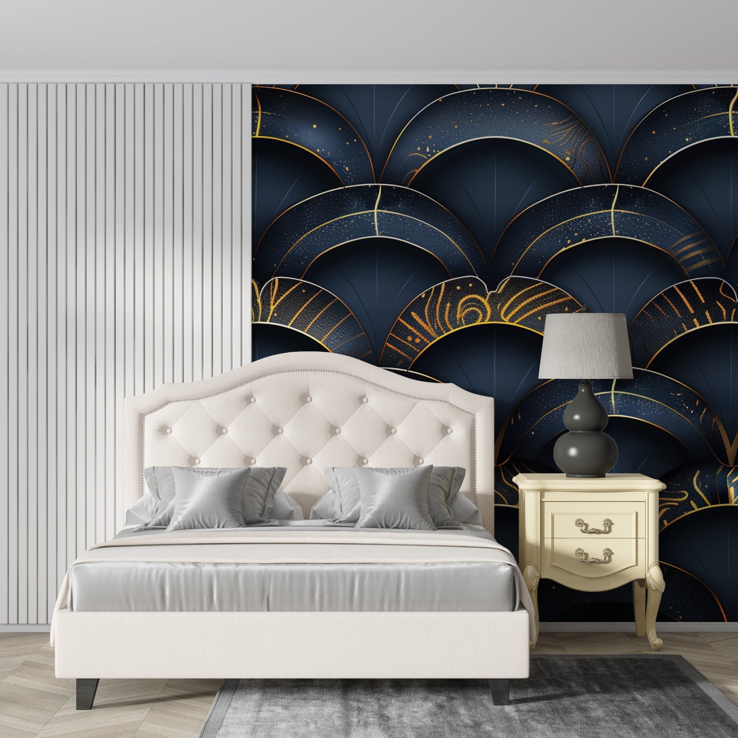 Navy Art Deco wallpaper in cocktail bar setting with gold accessories