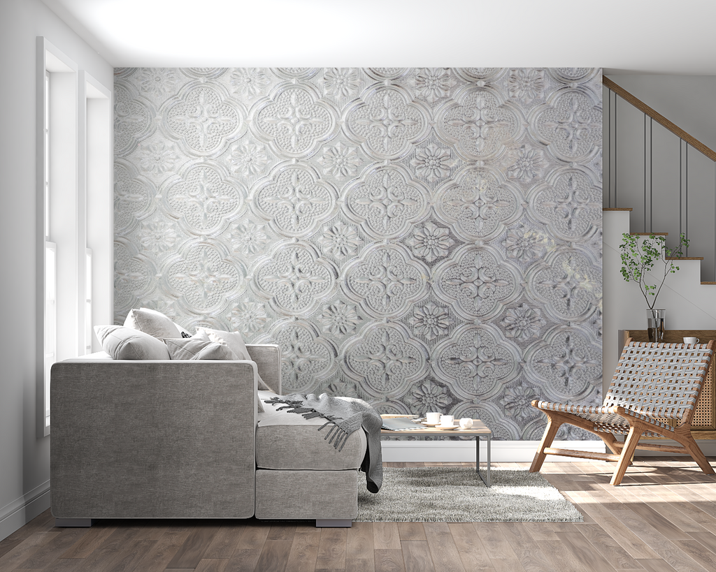 Geometric Silver Wallpaper adding sophistication to dining room feature wall