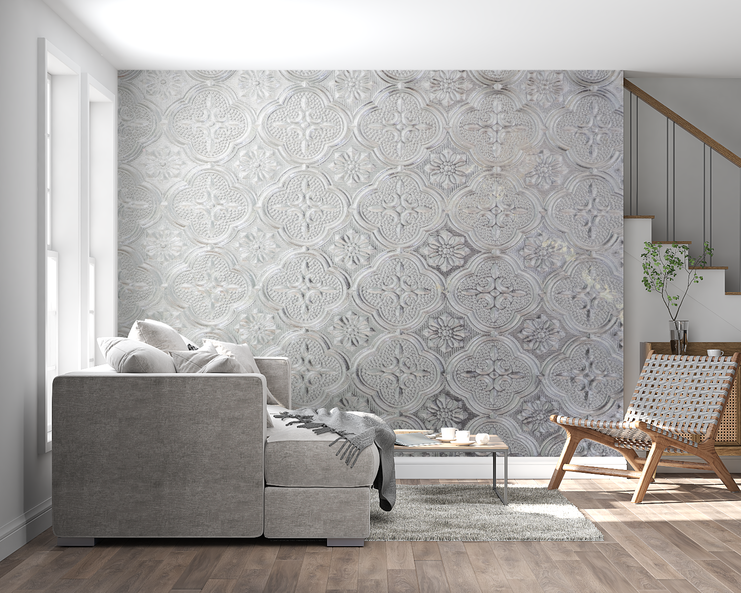 Geometric Silver Wallpaper adding sophistication to dining room feature wall