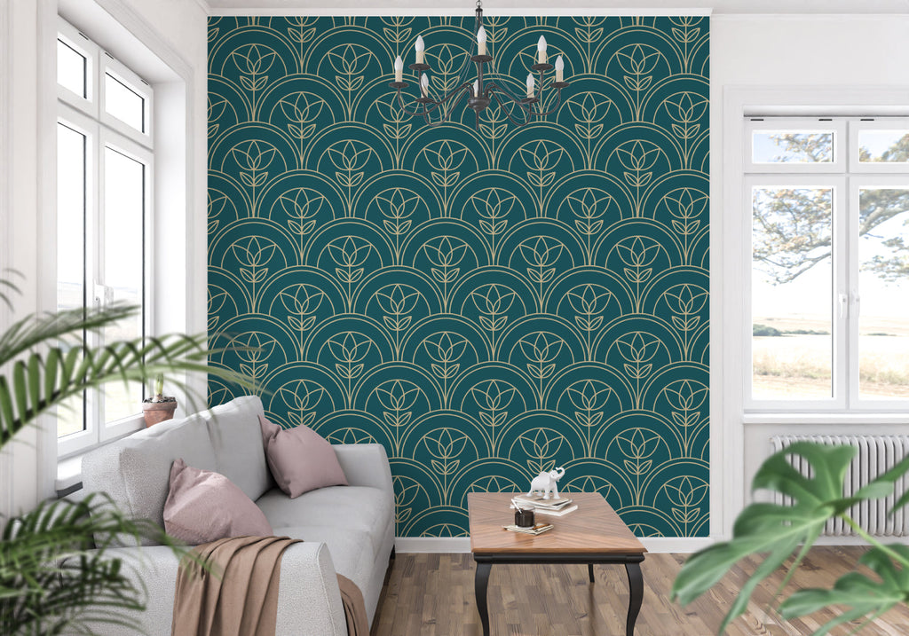Art deco wallpaper in teal and gold creating drama in a modern living room with white furniture