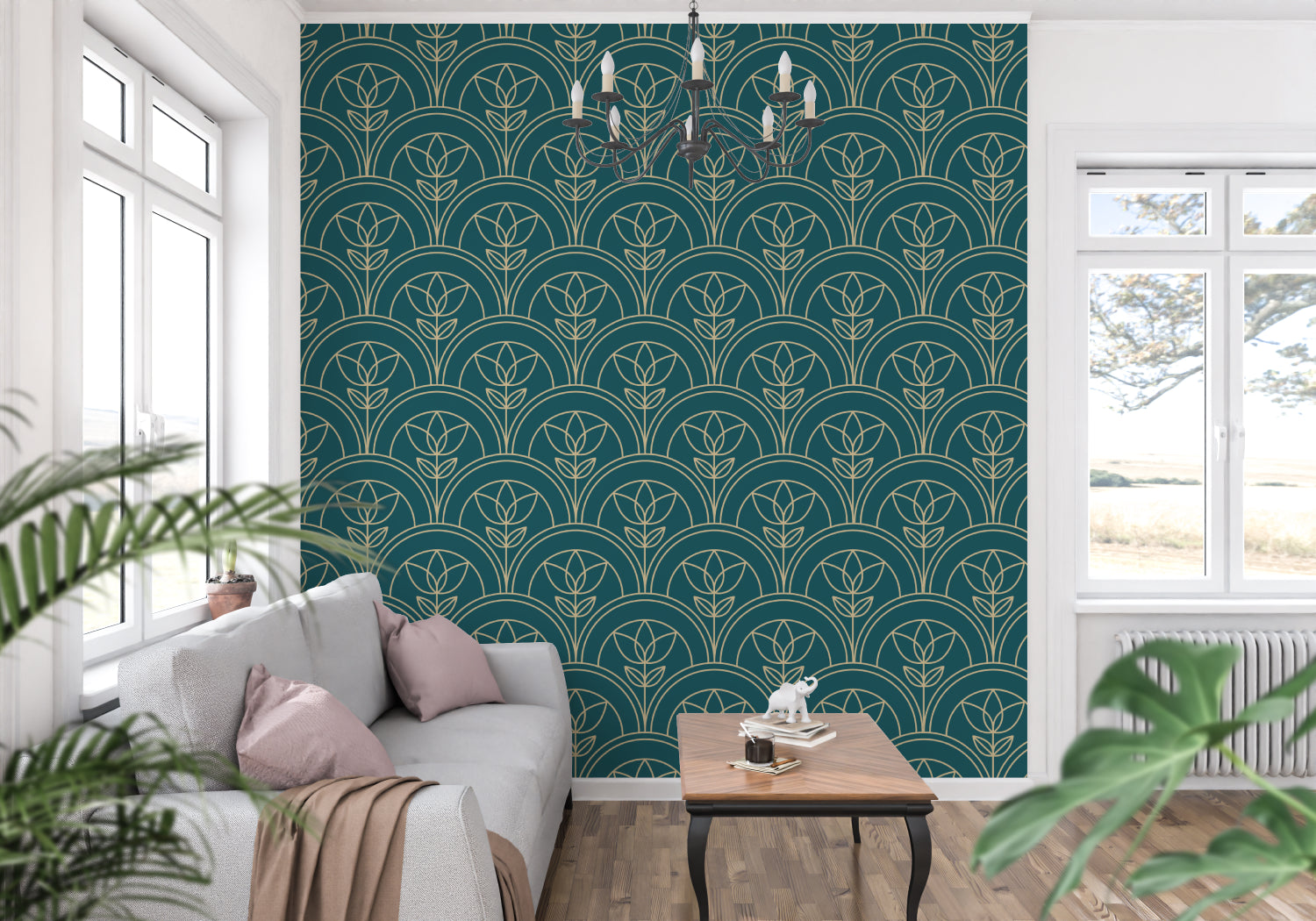 Art deco wallpaper in teal and gold creating drama in a modern living room with white furniture