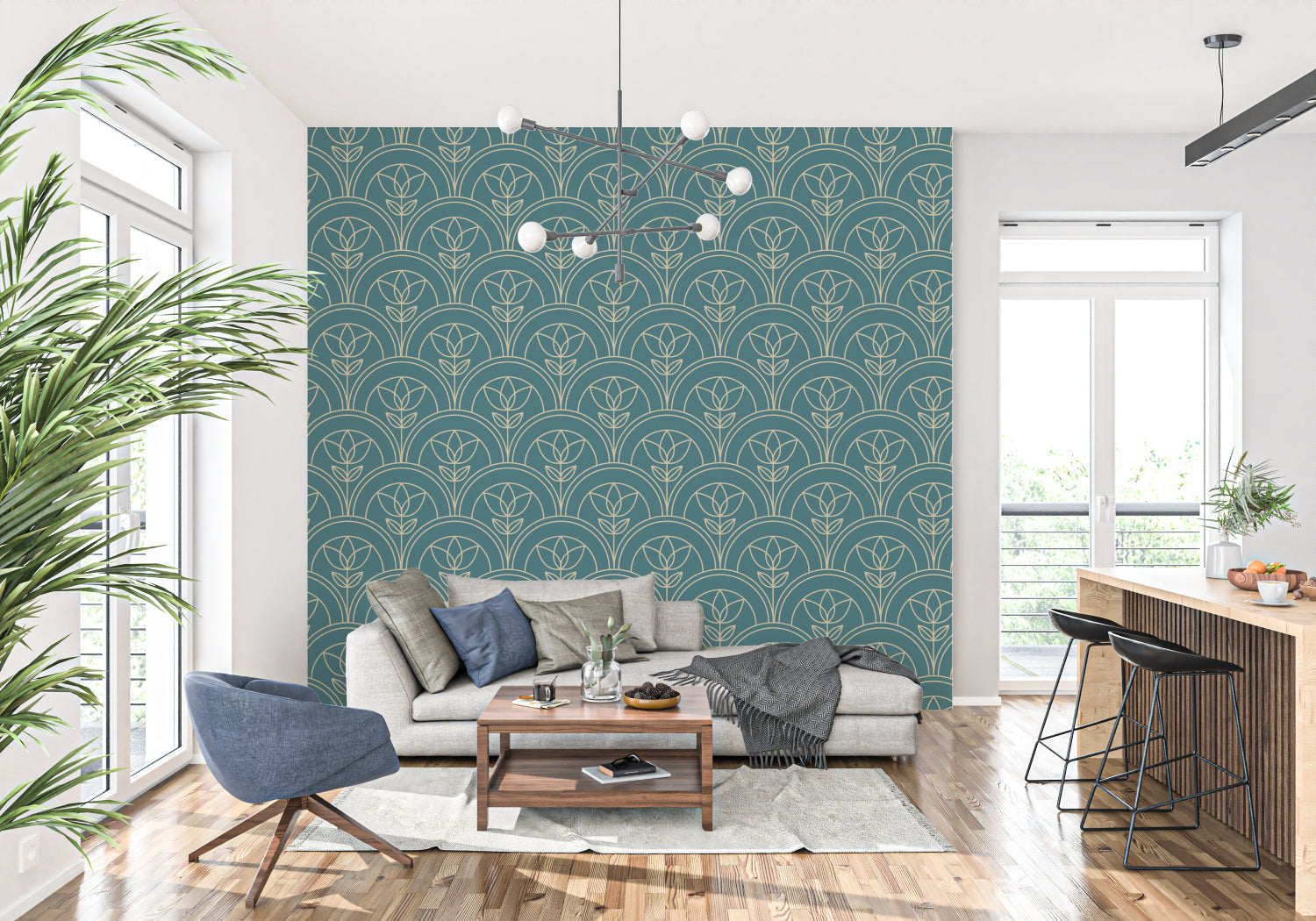 Geometric floral wallpaper brightening a dining room with Art Deco lighting fixtures