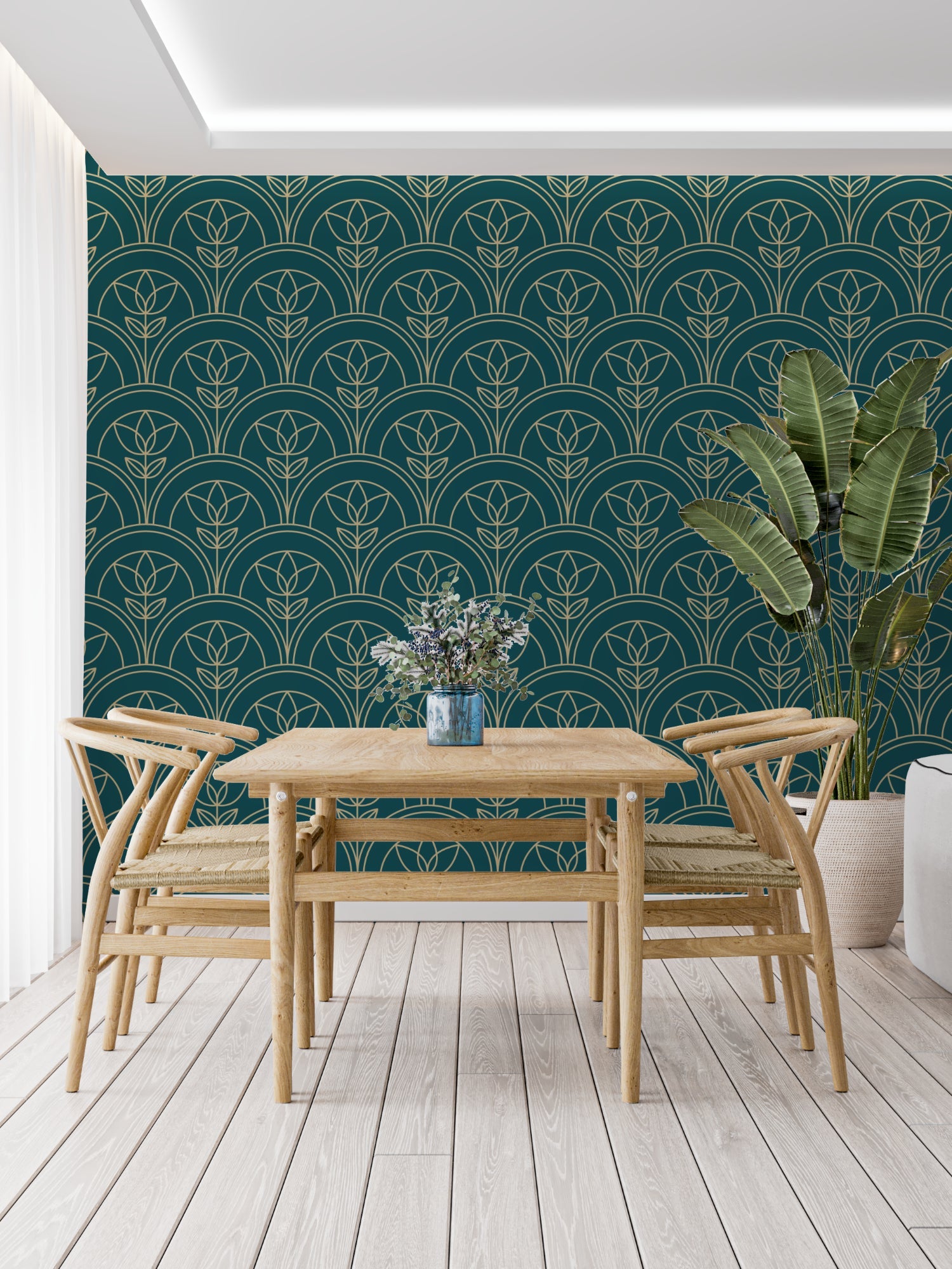 Teal and gold Art Deco pattern making a statement in master bedroom with brass accents
